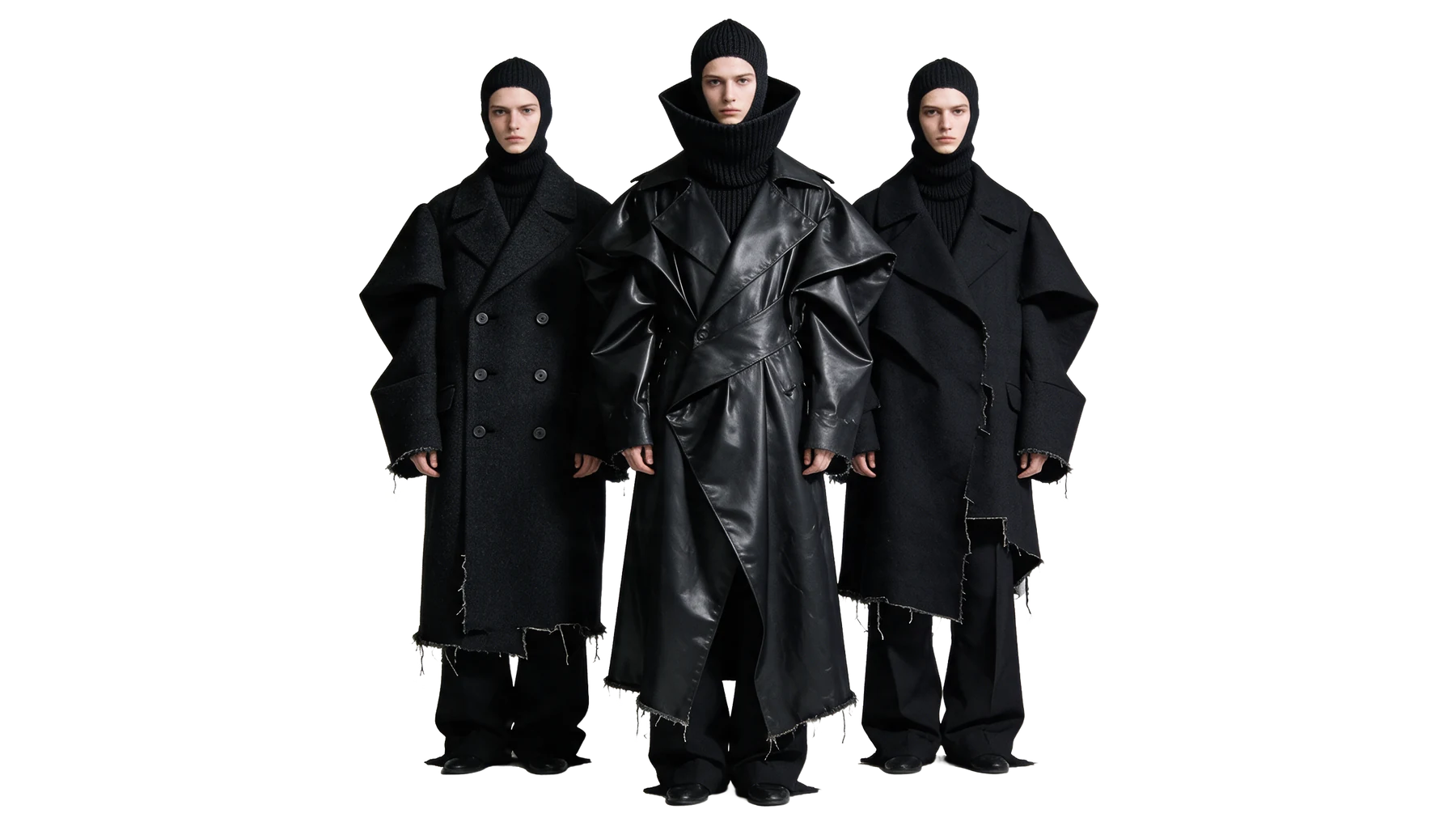 Three figures in deconstructed black outerwear and knit balaclavas