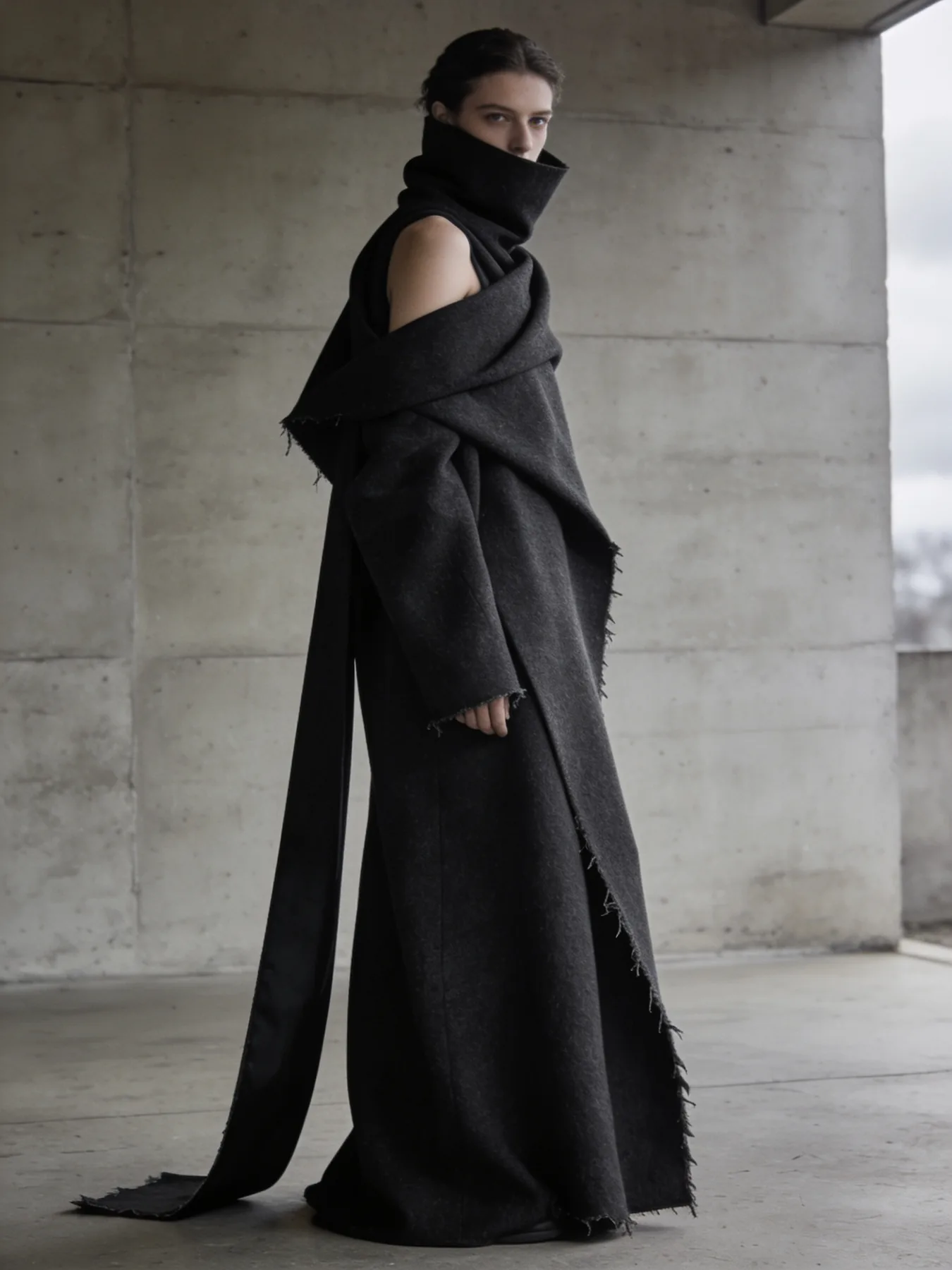 Floor-length draped charcoal wool coat with trailing panel