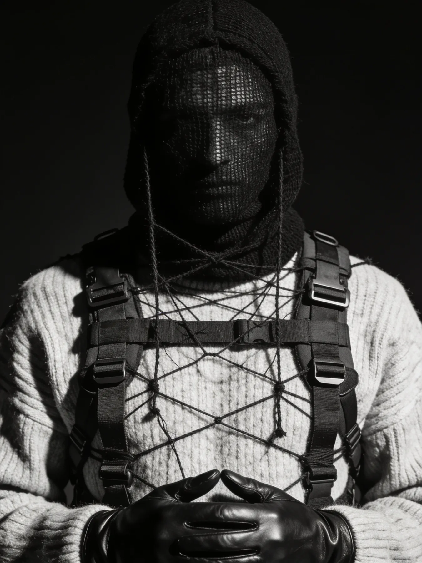 Knit hood and webbing harness over a heavy ribbed sweater