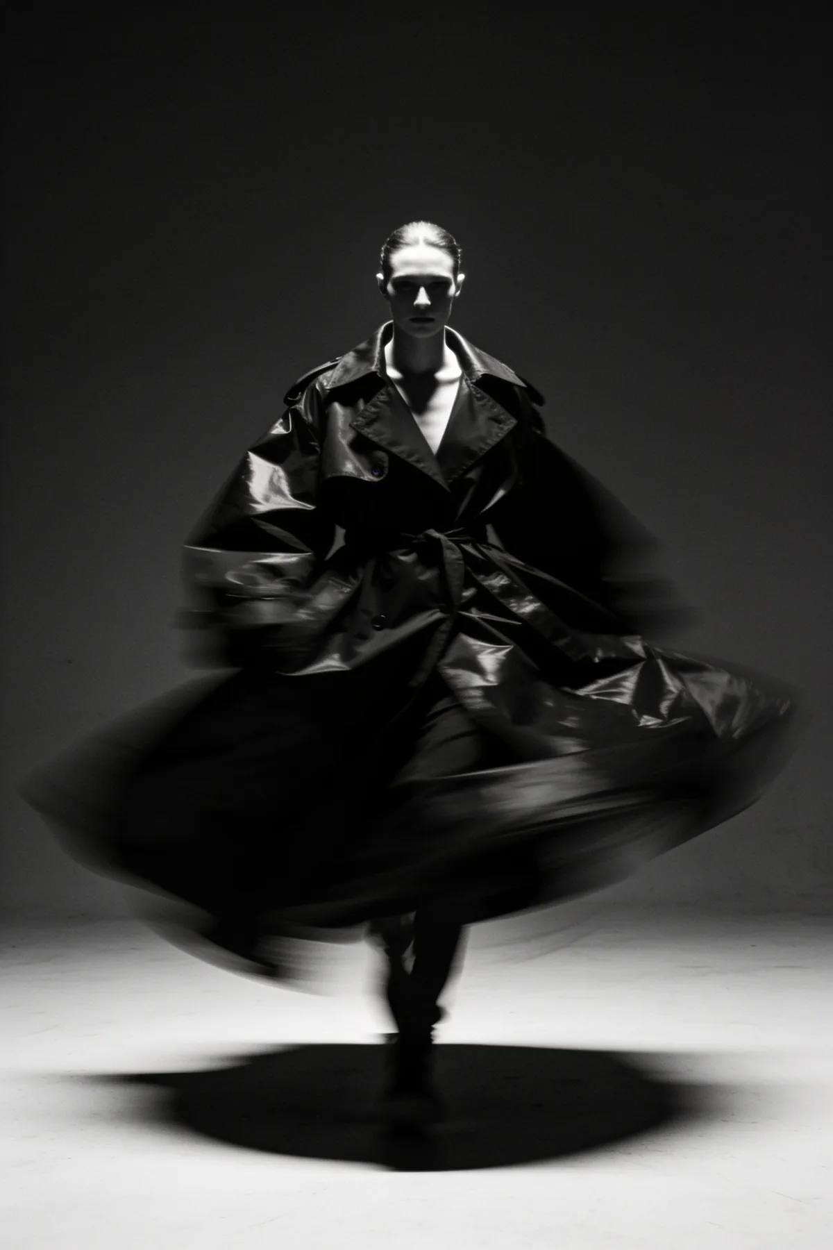Figure striding in a billowing coated nylon trench, motion blurred