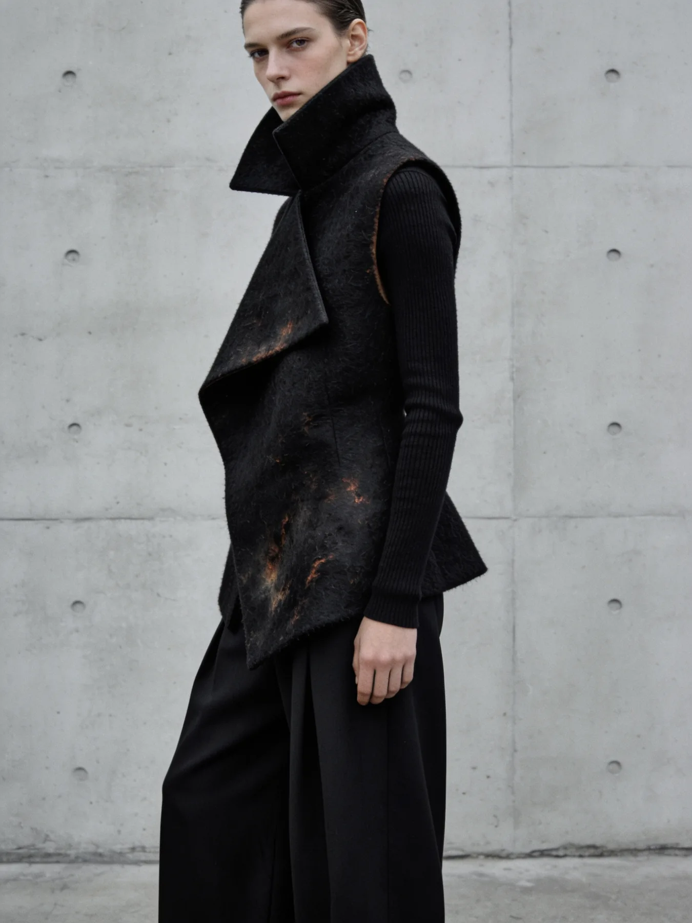 Cinder Vest, sculptural boiled wool vest with a standing collar