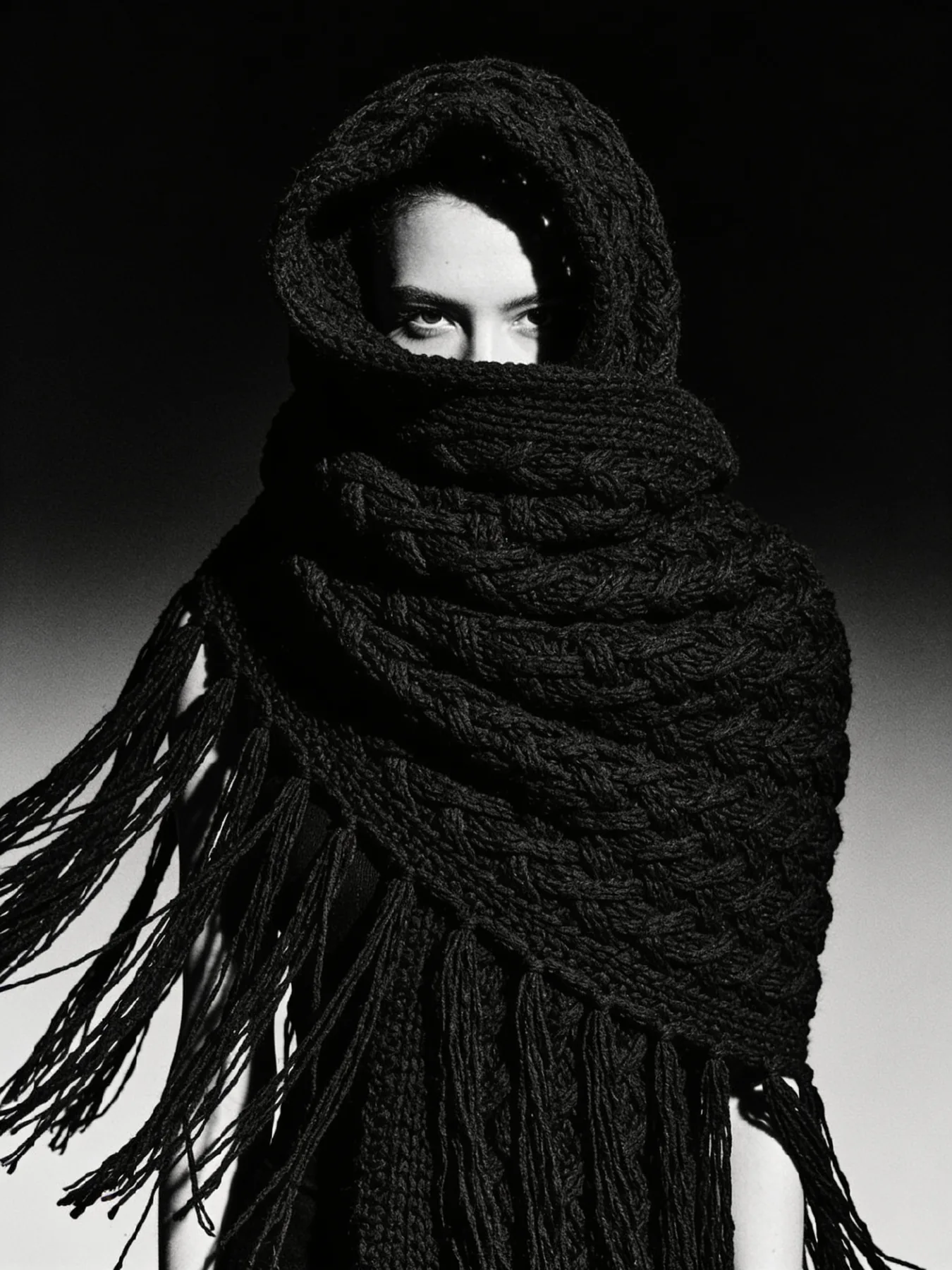 Shroud Scarf, oversized loosely woven wool wrap covering the head
