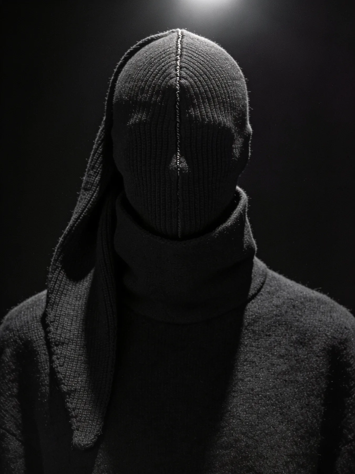 Pall Hood, fine-gauge knit hood fully obscuring the face