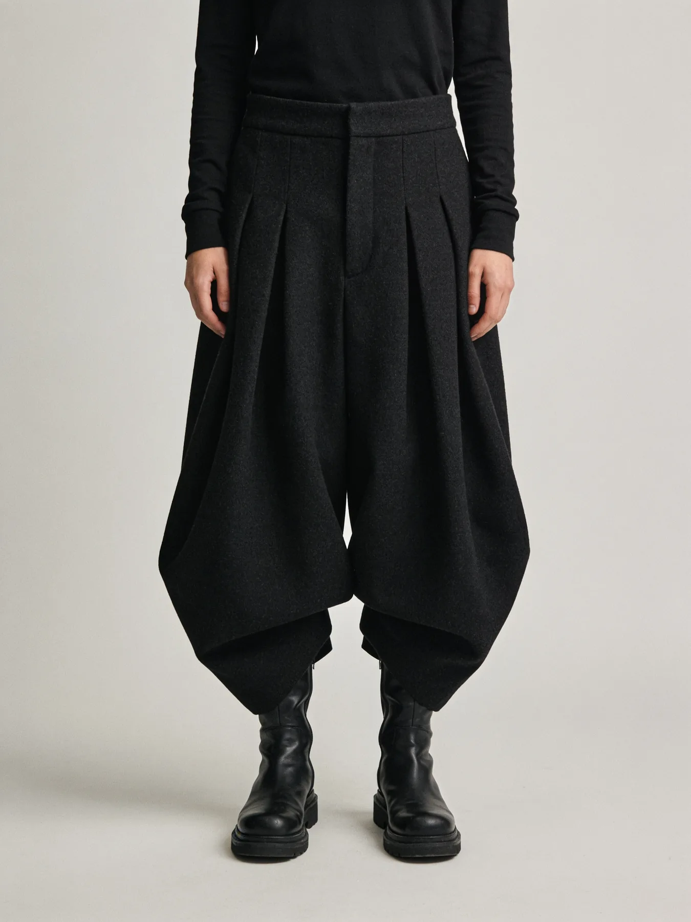 Night Trouser, very wide pleated black wool trousers